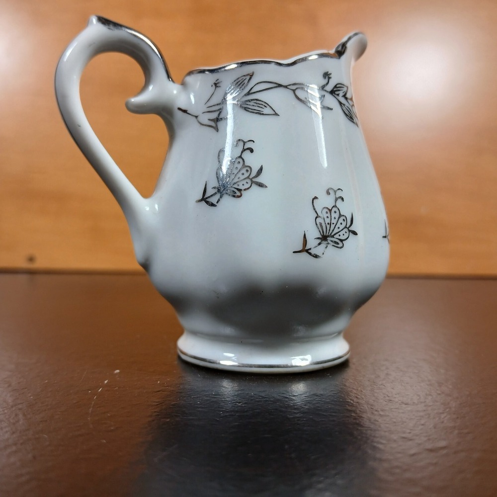 Vintage 25th Anniversary Creamer Pitcher Porcelain Silver White Floral Vine - Picture 5 of 8
